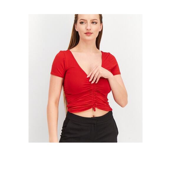 Forever 21 Y2K Top Womens Small Red Ruched Cropped V Neck Stretch Cherry Girl - Picture 1 of 6